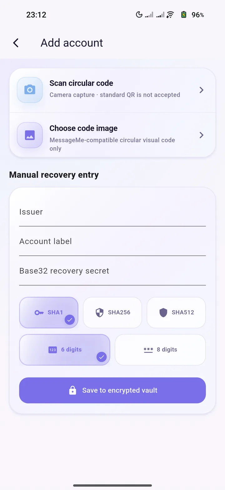 OneAuth Add account screen with scan, image import, and manual recovery