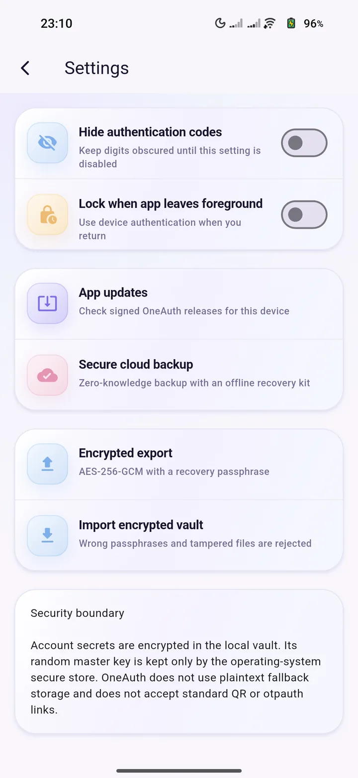 OneAuth settings with privacy toggles and vault export