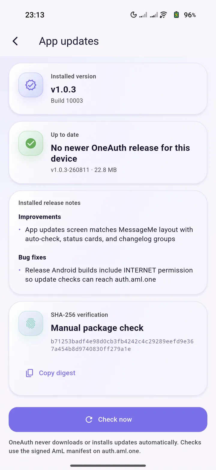 OneAuth App updates screen showing installed version and SHA-256 verification